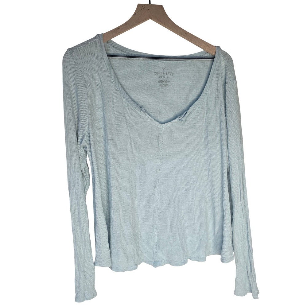 American Eagle Soft & Sexy Waffle Top Women XL Blue Viscose Casual Long Sleeve